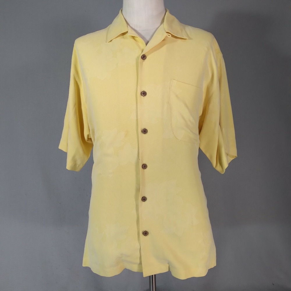Tommy Bahama silk shirt mens medium‎ yellow Camp Lounge Hawaiian Tiki